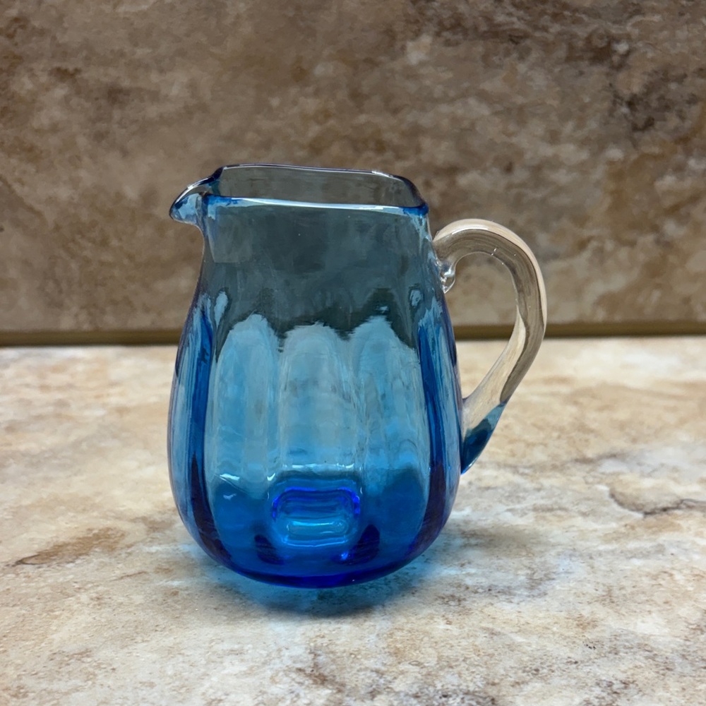 Pilgrim, Miniature Blue Glass Hand Blown Pitcher Creamer Clear Handle 3.5"